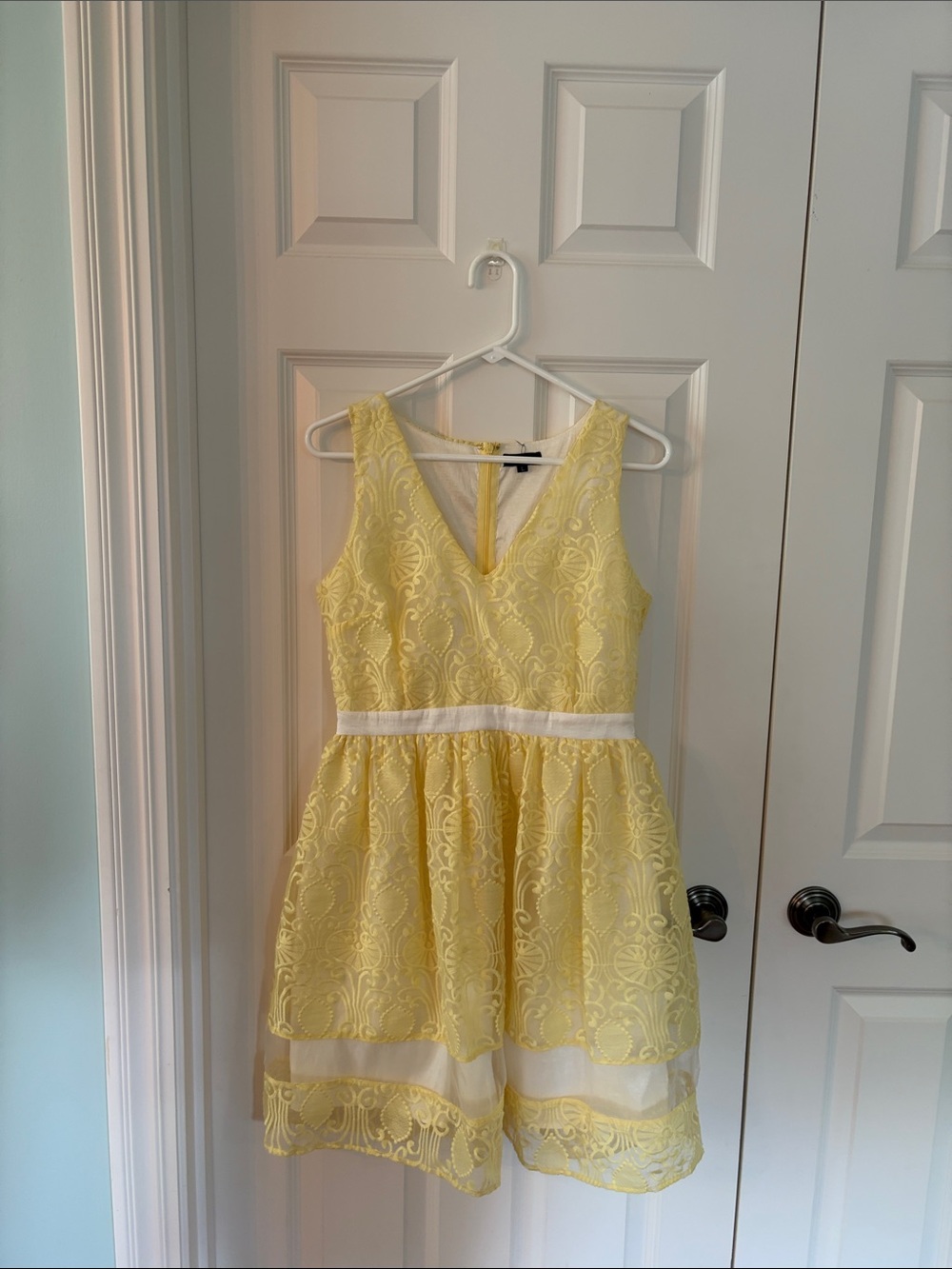 Yellow Lace Fit & Flare Women’s Dress with White Trim